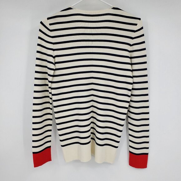 Tory Burch Navy Blue and White Striped Red Button Pearl Neck Sweater Medium - Picture 2 of 9